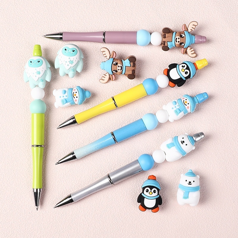 Winter New 3D Silicone Beads | Blue Penguin & Snowman Straight Hole Beads for Beaded Pen