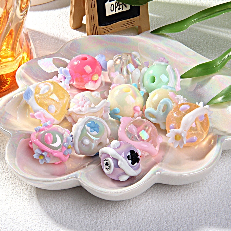 Heavy-duty Hand-painted Beads DIY Loose Beads Flower & Rhinestone Inlaid Beads for Phone Chain Bracelet Making Accessories