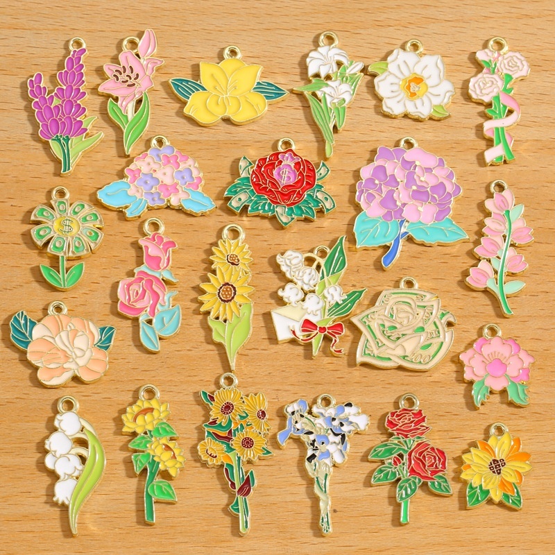 Alloy Enamel Sunflower Rose Bouquet Pendants DIY Bracelet Keychain Charms Accessories