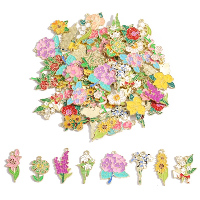 Alloy Enamel Sunflower Rose Bouquet Pendants DIY Bracelet Keychain Charms Accessories