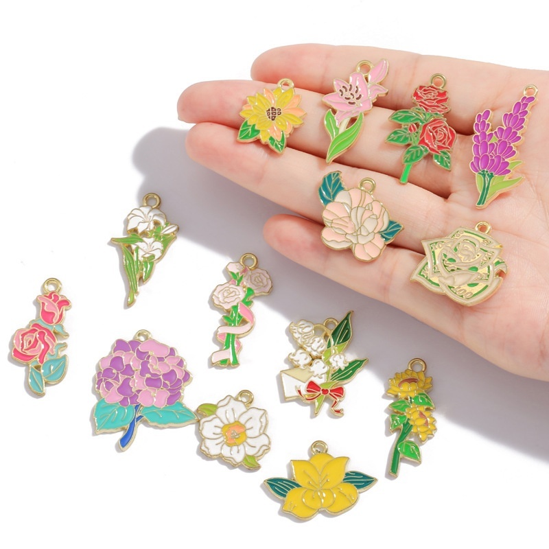Alloy Enamel Sunflower Rose Bouquet Pendants DIY Bracelet Keychain Charms Accessories