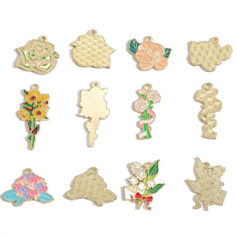 Alloy Enamel Sunflower Rose Bouquet Pendants DIY Bracelet Keychain Charms Accessories