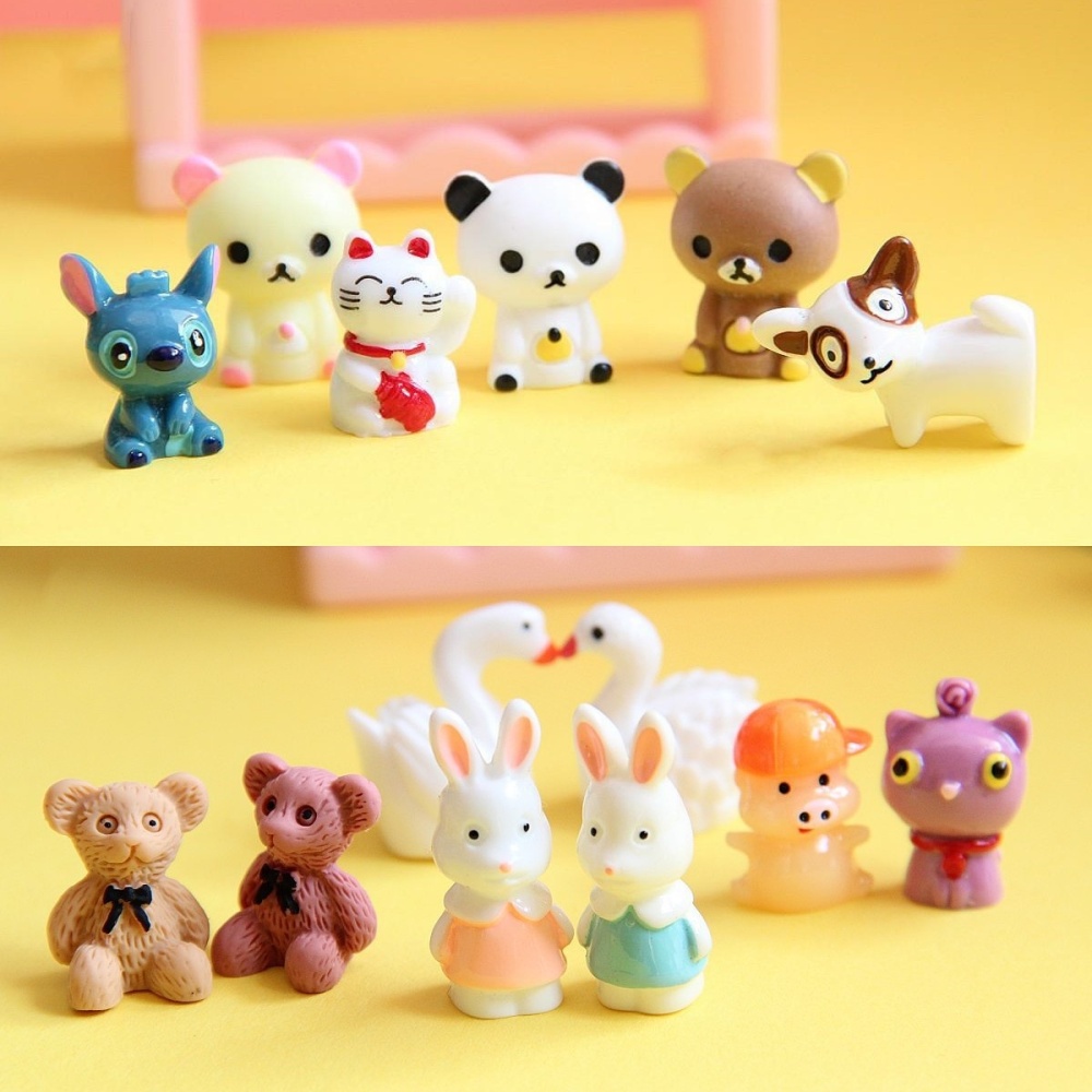 3D Cute Bear Cat Rabbit Animal Resin Figurines DIY Micro Landscape Ornaments Keychain Accessories