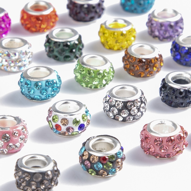 Round Polymer Clay Rhinestone Studded Spacer Beads, Large Hole Colorful Beads for DIY Beading & Bracelet Jewelry Making