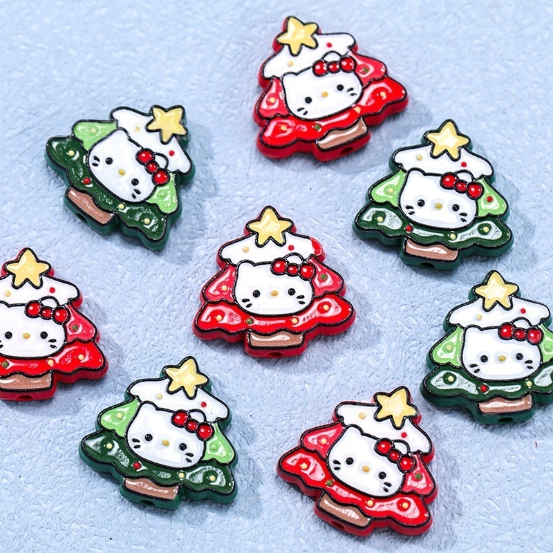 Painted Alloy KT Cat & Christmas Tree Spacer Beads Cute Cartoon DIY Necklace Phone Chain Beading Accessories