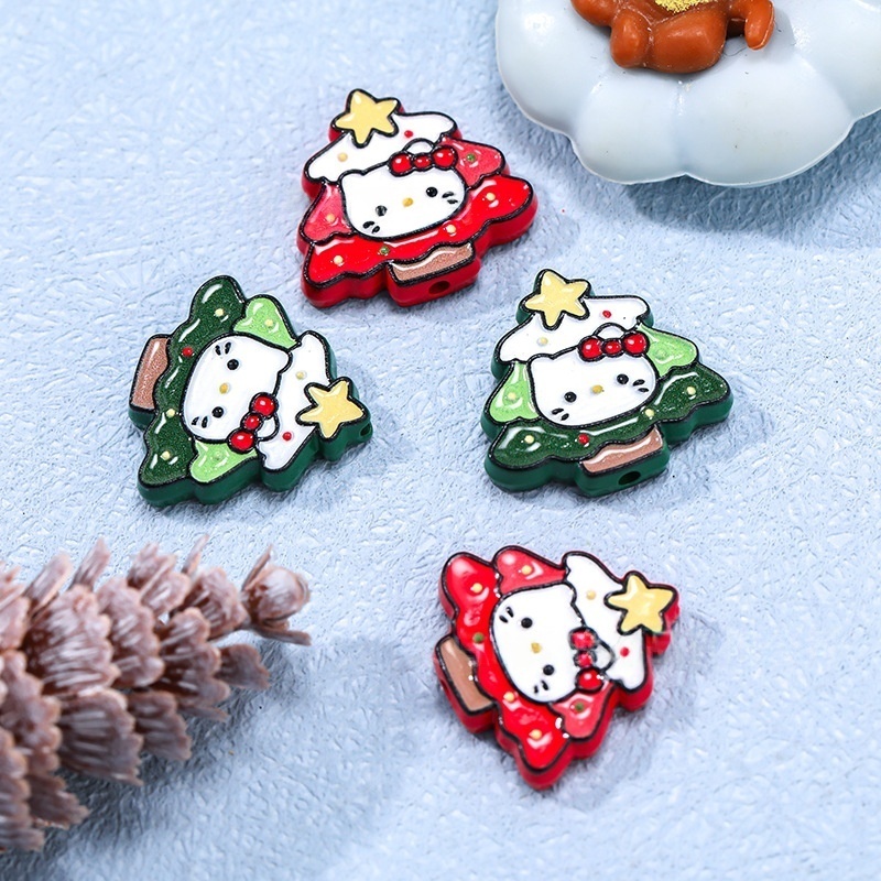 Painted Alloy KT Cat & Christmas Tree Spacer Beads Cute Cartoon DIY Necklace Phone Chain Beading Accessories