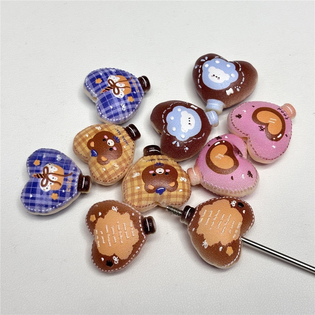 Printed Embossed Beads with Cake Bear Heart Balloon Patterns DIY Phone Chain Bag Pendant Car Hanging Keychain Accessories