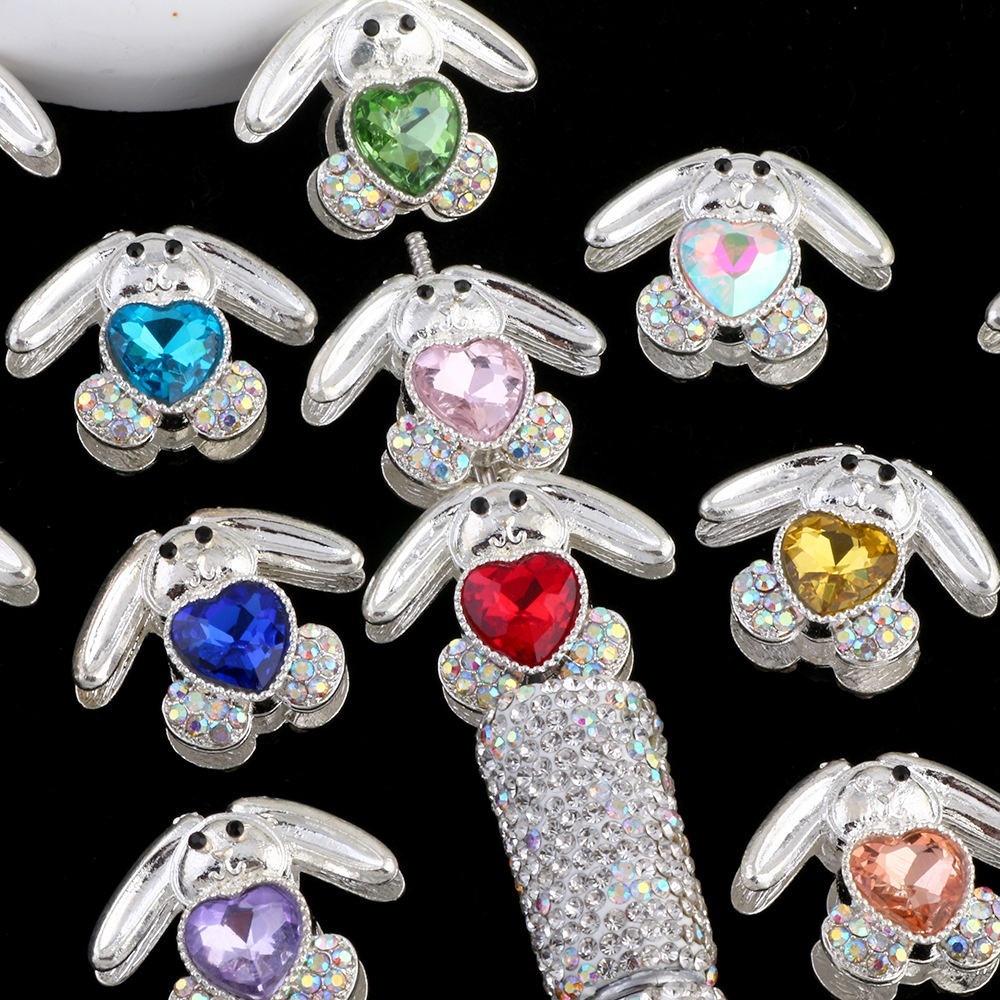 Heavy‑Duty Double‑Sided Alloy Long‑Eared Rabbit Rhinestone Ball Straight Hole Beads DIY Phone Chain Keychain Bag Chain Accessories