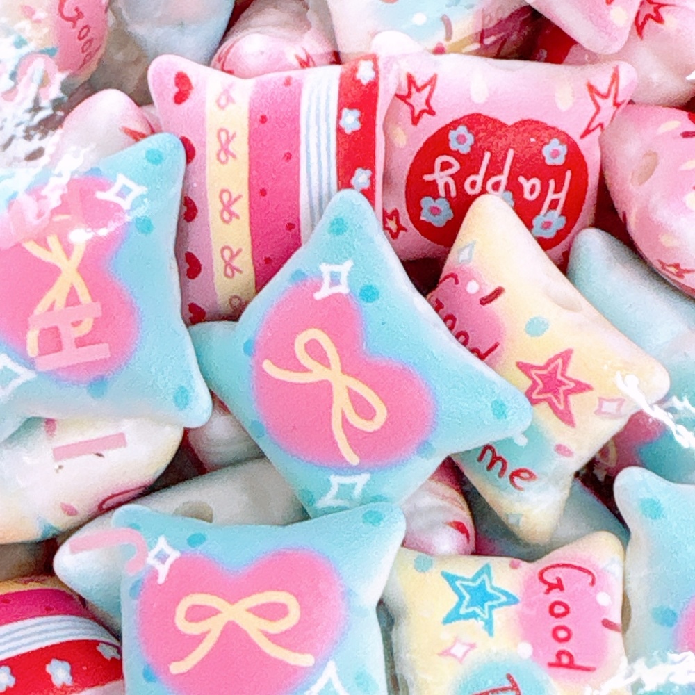Printed Acrylic Beads, Bow Heart Square Pillow Beads, Through Hole Beads for Phone Chain Bag Charm DIY Wholesale