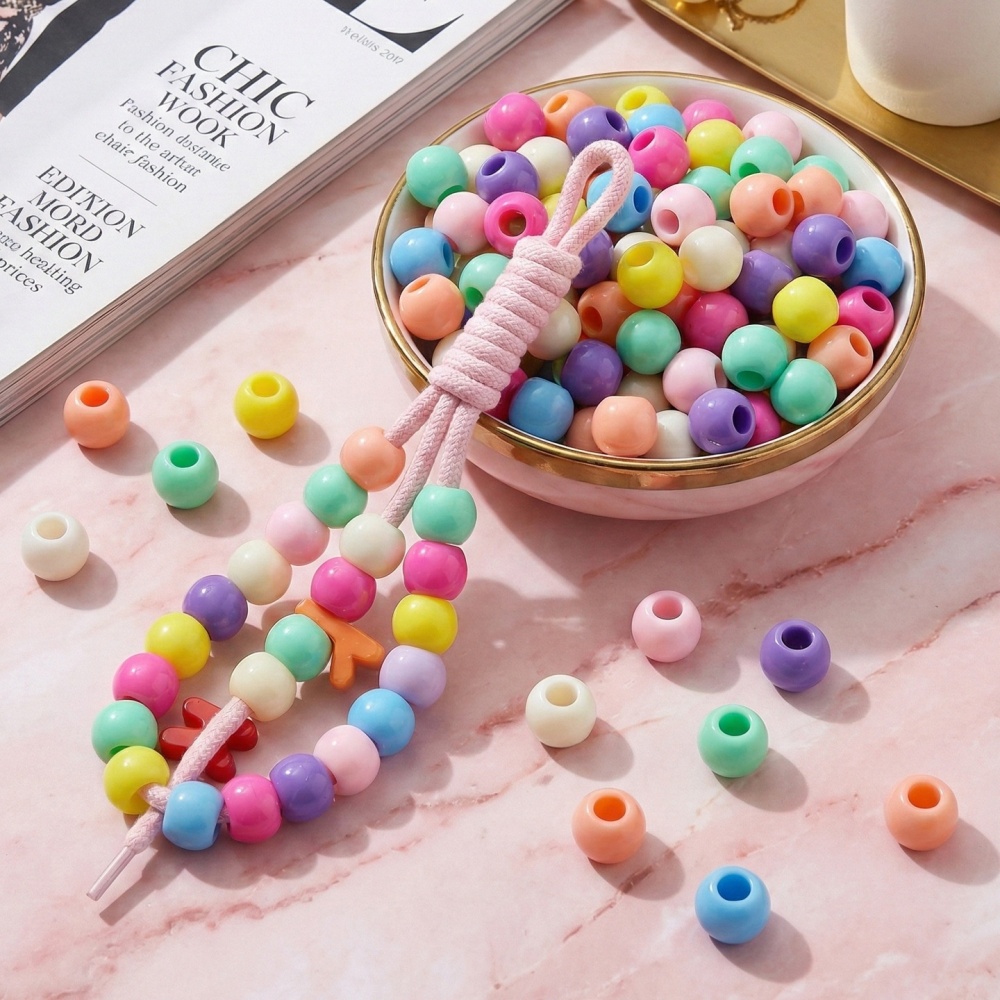 Macaron Color Large Hole Round & Barrel Acrylic Beads, Loose Beads for Kids DIY Jewelry Wholesale