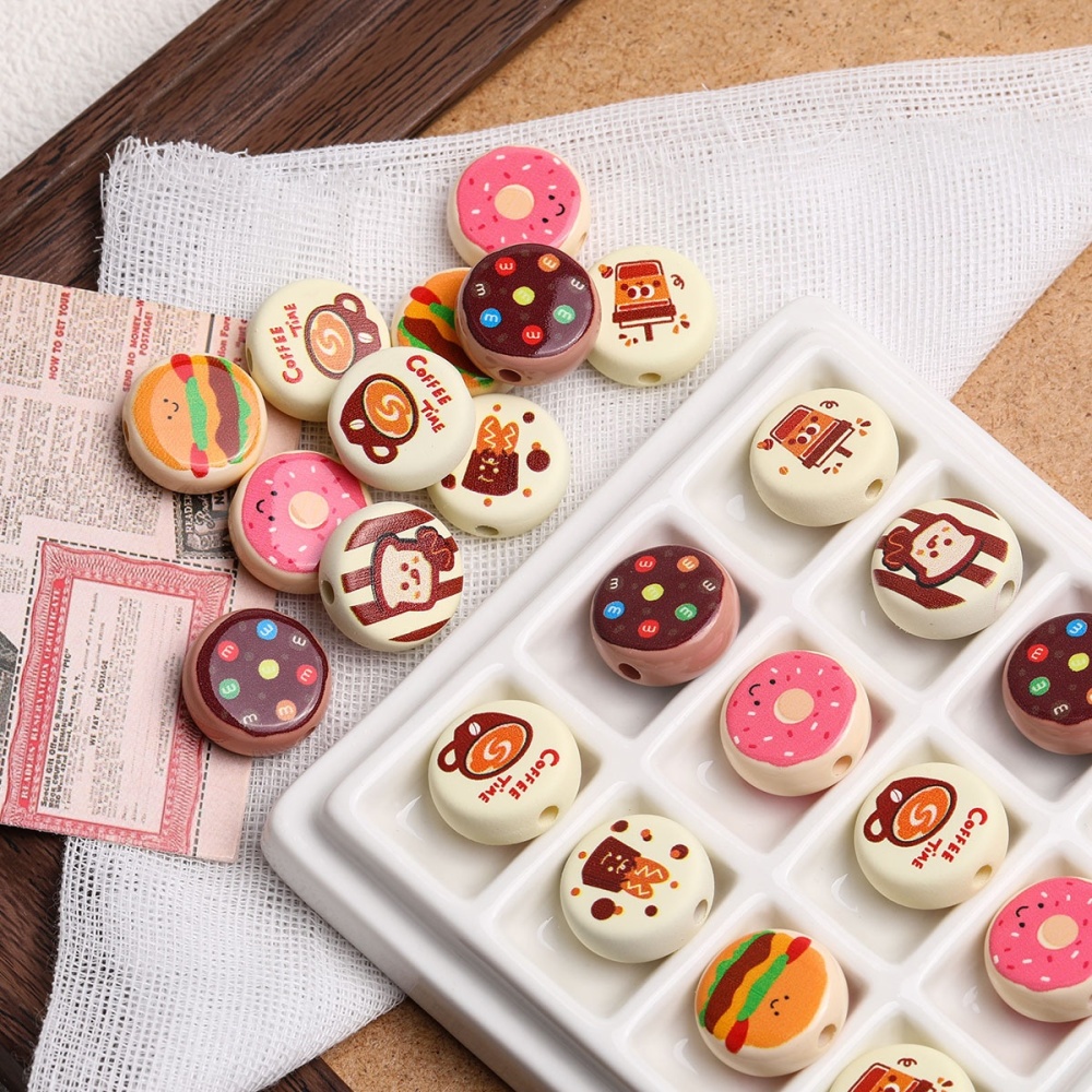 Cartoon Printed Donut & Toast Acrylic Beads, Loose Beads for Bracelet Bag Charm DIY Jewelry Wholesale