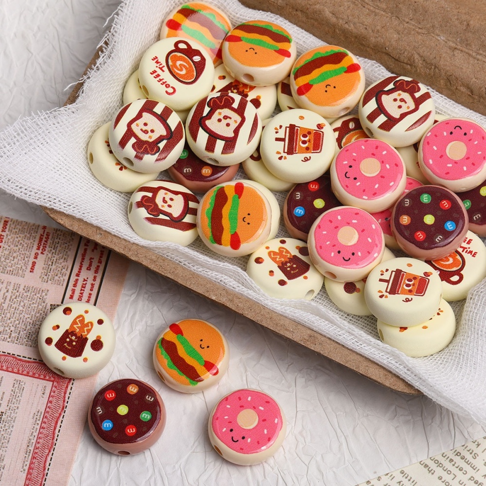 Cartoon Printed Donut & Toast Acrylic Beads, Loose Beads for Bracelet Bag Charm DIY Jewelry Wholesale