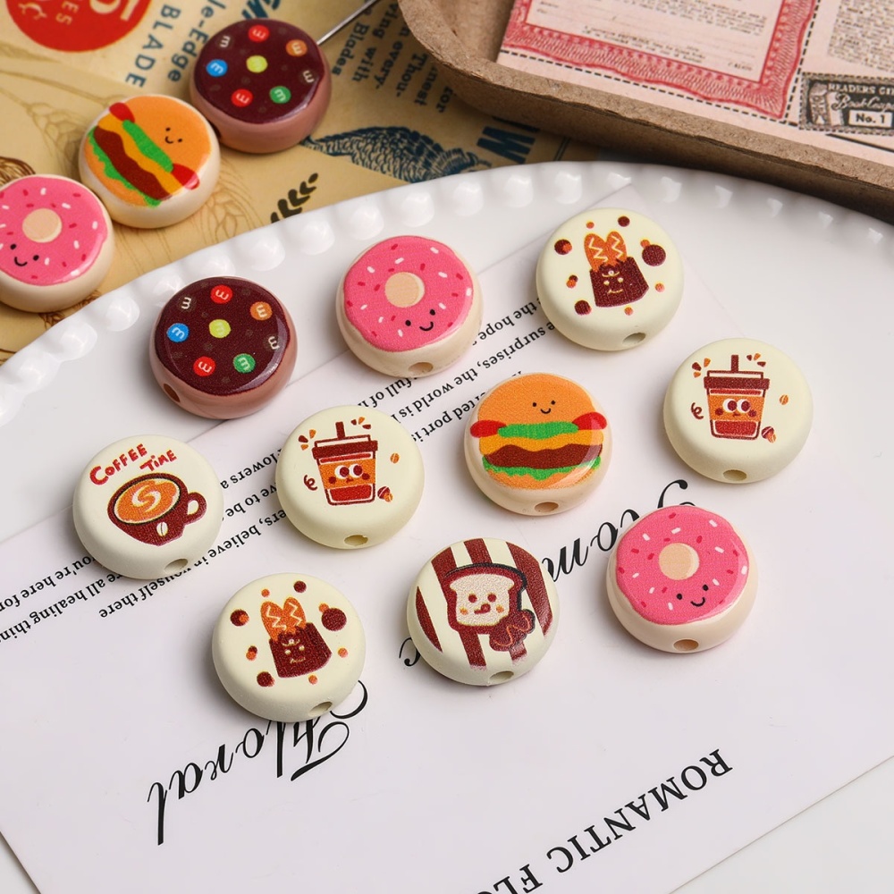 Cartoon Printed Donut & Toast Acrylic Beads, Loose Beads for Bracelet Bag Charm DIY Jewelry Wholesale