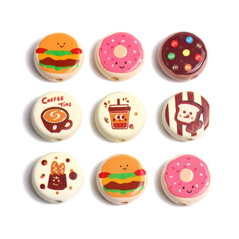 Cartoon Printed Donut & Toast Acrylic Beads, Loose Beads for Bracelet Bag Charm DIY Jewelry Wholesale
