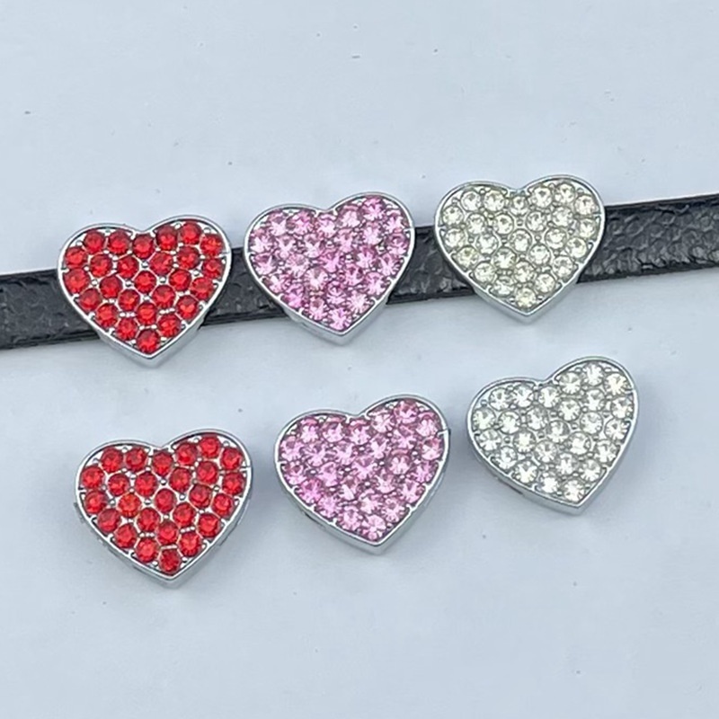 Rhinestone Inlaid Alloy Heart Beads, Popular Cross-Border DIY Bracelet Charms with Pink & Red Rhinestones
