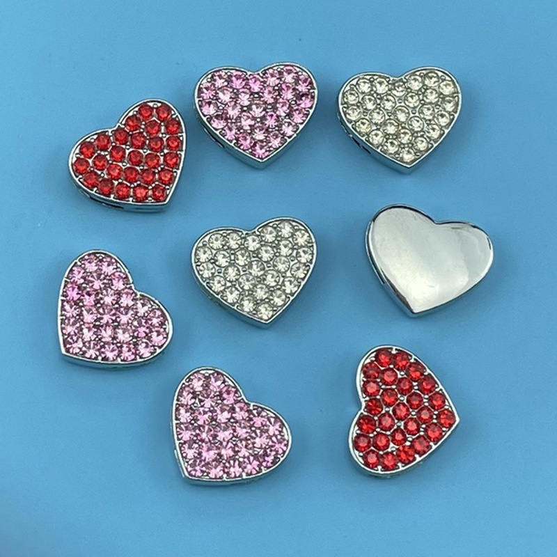 Rhinestone Inlaid Alloy Heart Beads, Popular Cross-Border DIY Bracelet Charms with Pink & Red Rhinestones