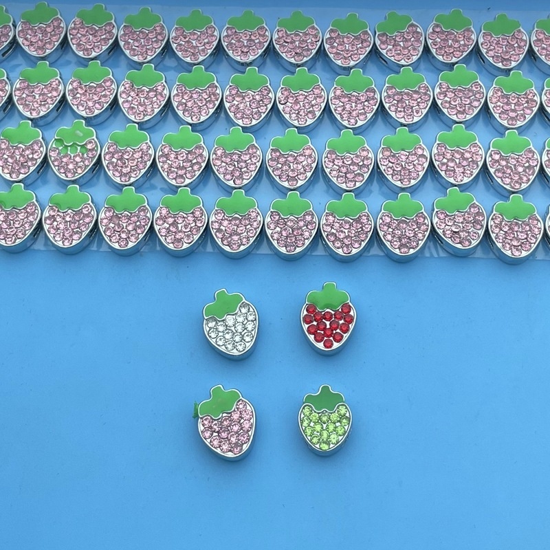 Rhinestone Inlaid Strawberry Alloy Beads, DIY Bracelet Wristband Handmade Jewelry Charms Wholesale