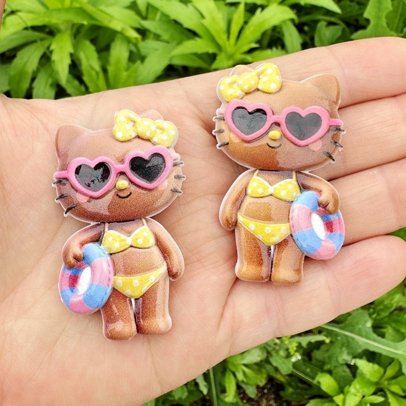 Double Sided Printed Bikini KT Cat Through Hole Beads, Cartoon Resin Beads for DIY Bead Pen, Phone Lanyard, Bag Charm & Handmade Jewelry Wholesale