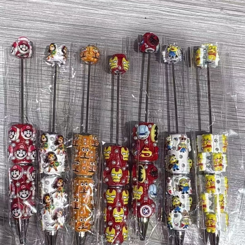 Cartoon Soft Clay Beaded Pens, Sanrio Disney Marvel Character DIY Beadable Ballpoint Pen Gifts Wholesale