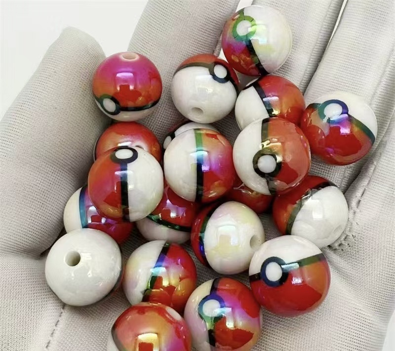 Acrylic Pokemon Pokeball Through Hole Beads, Capsule Egg Shaped Beads for Live Streaming DIY Bracelet Keychain Jewelry Making Wholesale