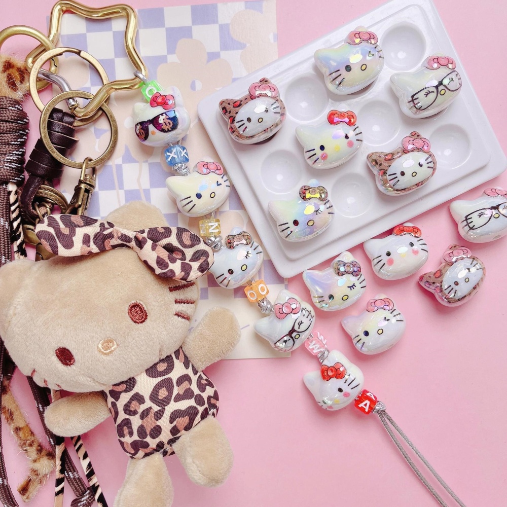 High Grade UV Rainbow Plated Hello Kitty Straight Hole Beads, DIY Phone Lanyard Bag Charm Loose Jewelry Making Supplies Wholesale