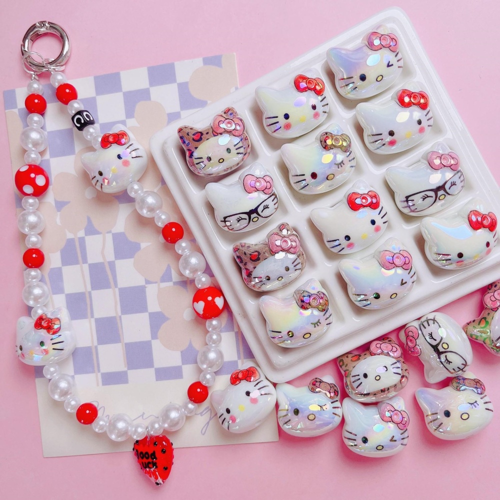 High Grade UV Rainbow Plated Hello Kitty Straight Hole Beads, DIY Phone Lanyard Bag Charm Loose Jewelry Making Supplies Wholesale