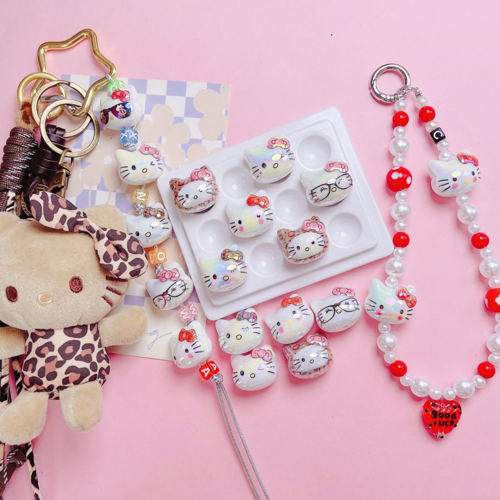 High Grade UV Rainbow Plated Hello Kitty Straight Hole Beads, DIY Phone Lanyard Bag Charm Loose Jewelry Making Supplies Wholesale