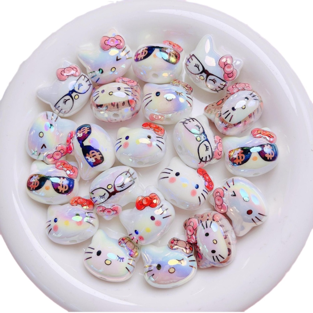 High Grade UV Rainbow Plated Hello Kitty Straight Hole Beads, DIY Phone Lanyard Bag Charm Loose Jewelry Making Supplies Wholesale