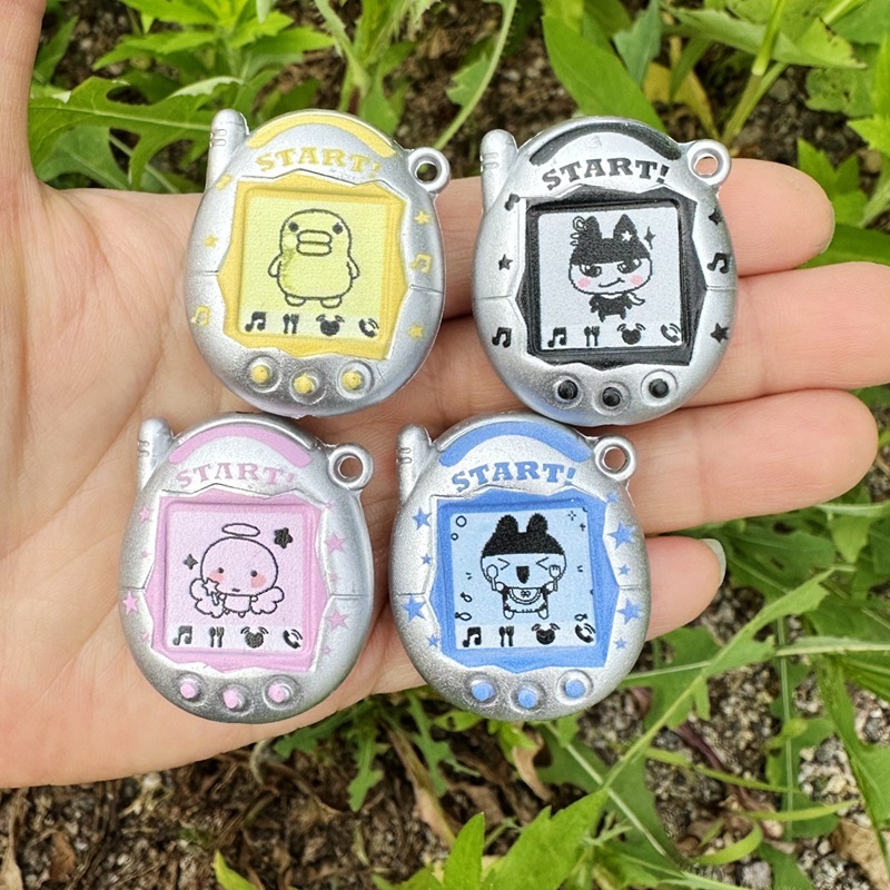 36mm Matte Silver Double Sided Printed Tamagotchi Game Console Through Hole Beads, DIY Phone Lanyard Bag Charm Handmade Jewelry Supplies Wholesale