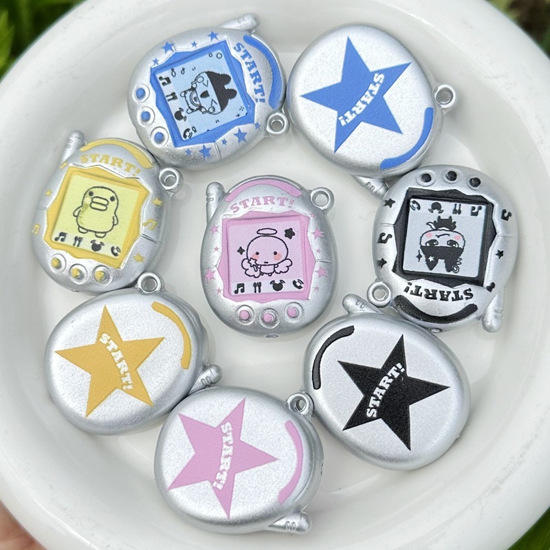 36mm Matte Silver Double Sided Printed Tamagotchi Game Console Through Hole Beads, DIY Phone Lanyard Bag Charm Handmade Jewelry Supplies Wholesale