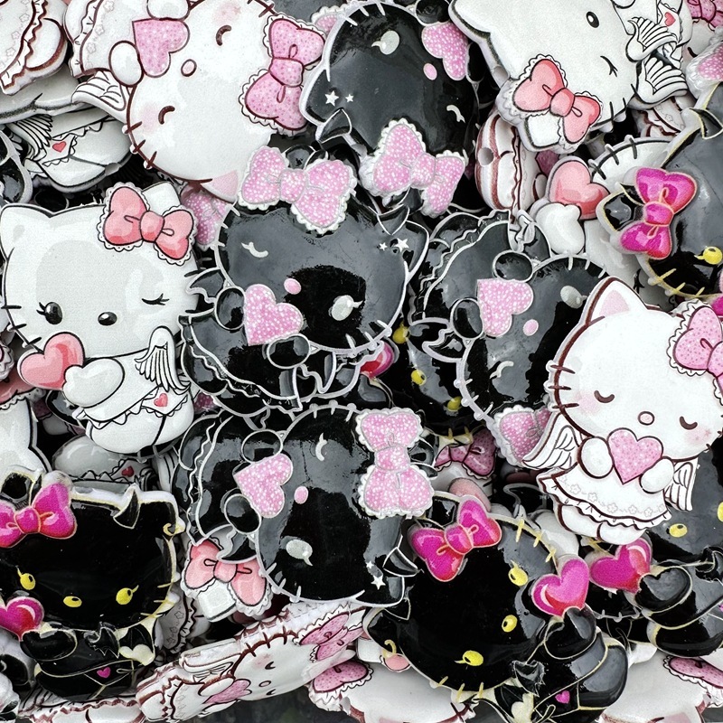 Black White Devil Hello Kitty Heart Cat Double Sided Printed Through Hole Beads, DIY Phone Lanyard Handmade Jewelry Spacer Beads Wholesale