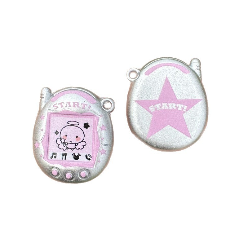 36mm Matte Silver Double Sided Printed Tamagotchi Game Console Through Hole Beads, DIY Phone Lanyard Bag Charm Handmade Jewelry Supplies Wholesale