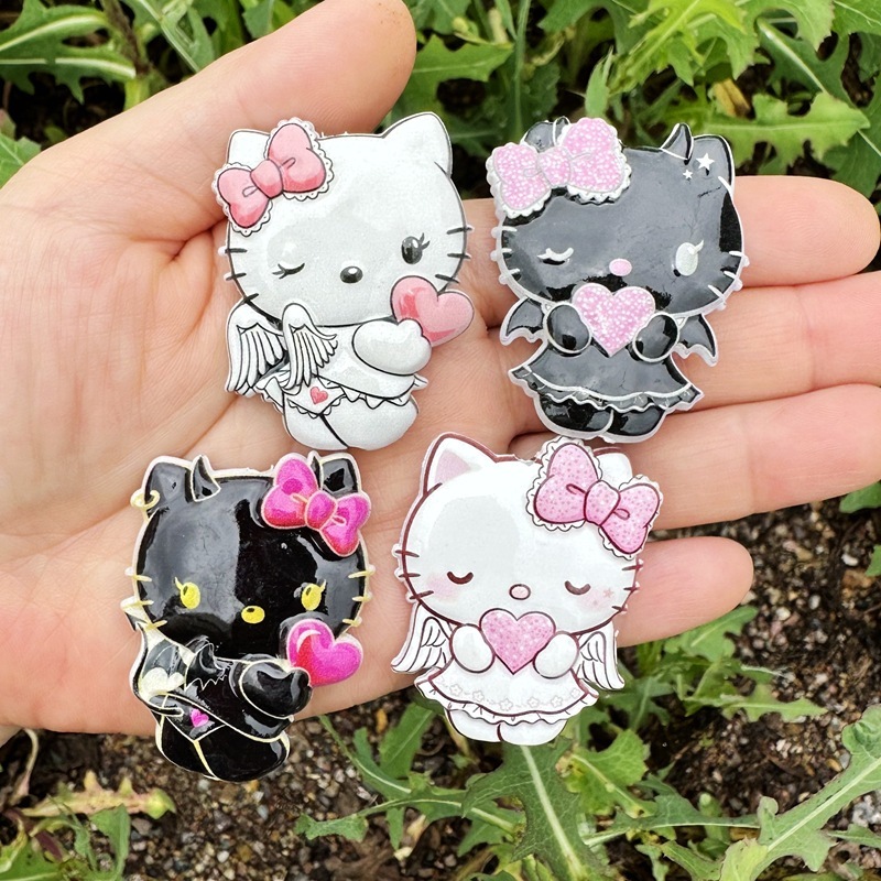 Black White Devil Hello Kitty Heart Cat Double Sided Printed Through Hole Beads, DIY Phone Lanyard Handmade Jewelry Spacer Beads Wholesale