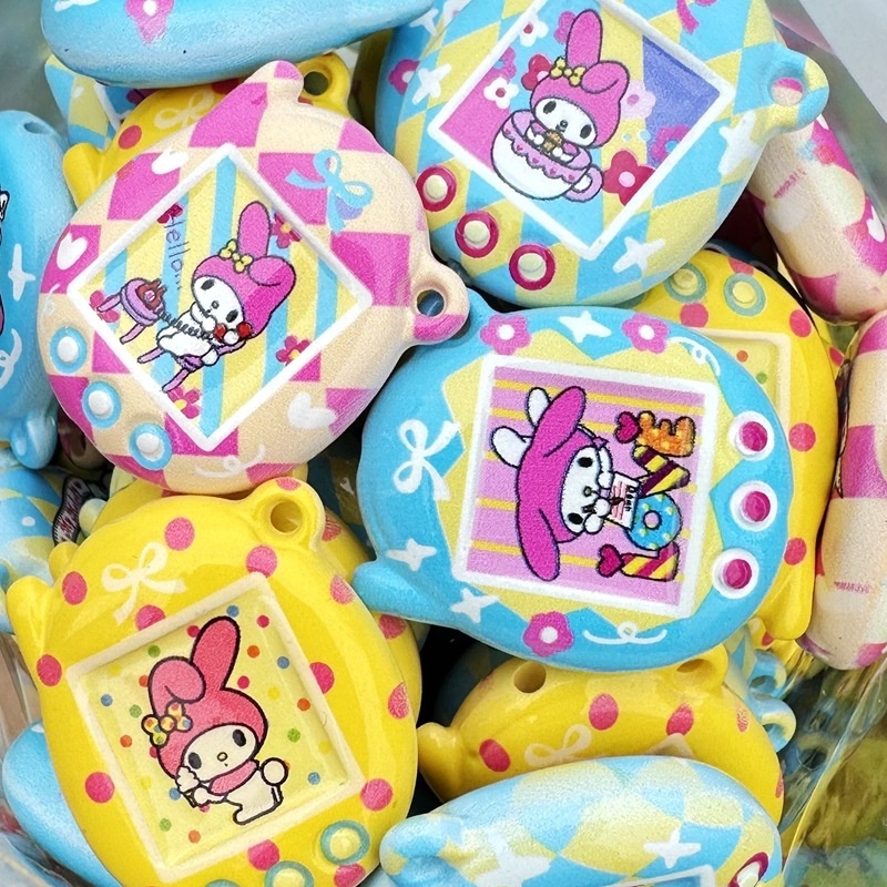 Baking Varnish Sanrio My Melody Double Sided Printed Tamagotchi Beads, Through Hole Resin Beads DIY Keychain Phone Lanyard Craft Supplies Wholesale