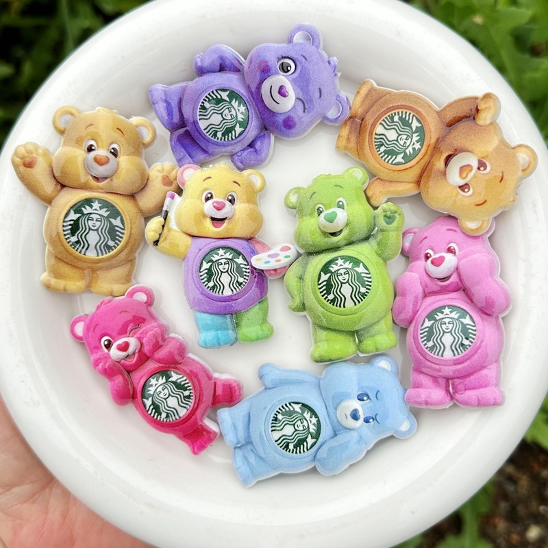 Double Sided Printed Starbucks Rainbow Bear Through Hole Beads, DIY Beadable Pen Phone Lanyard Bag Charm Handmade Craft Accessories Wholesale