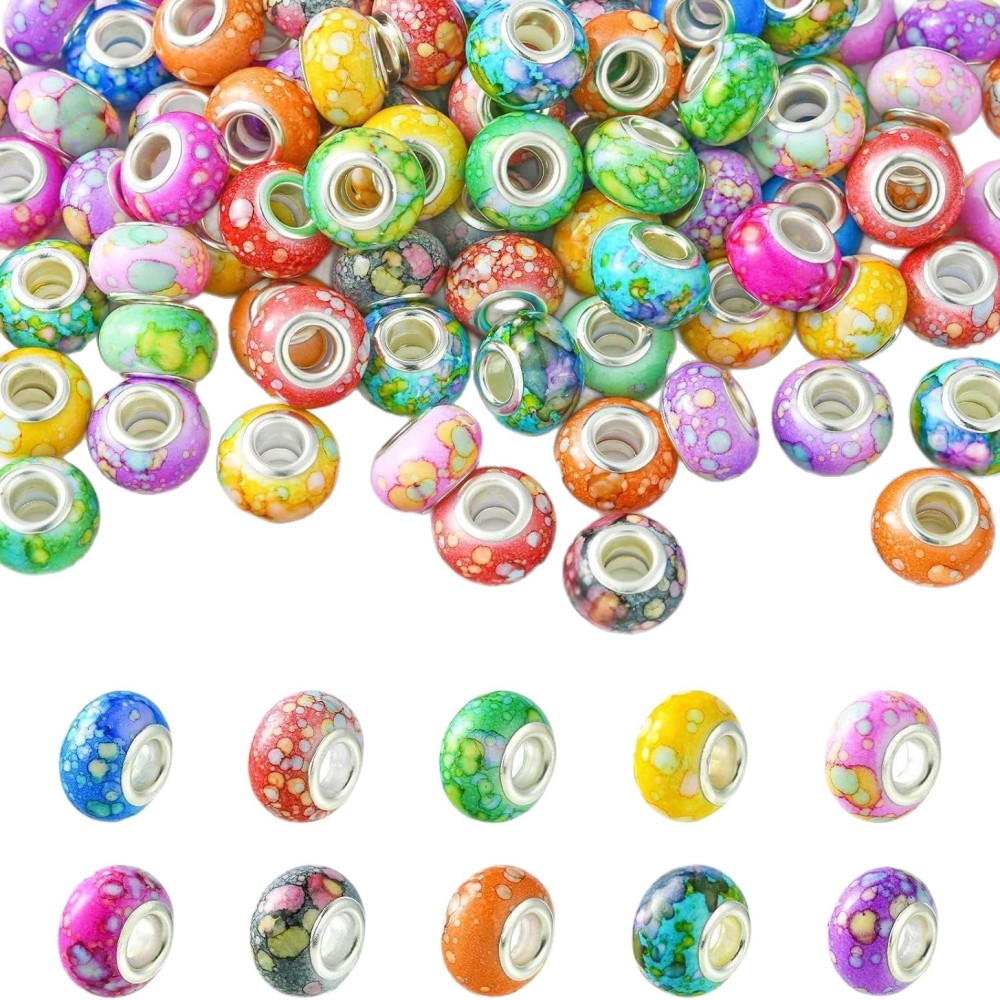 Large Hole Acrylic Beads with Natural Stone Texture, Multicolor European Charm Beads DIY Bracelet Jewelry Making Loose Accessories Wholesale
