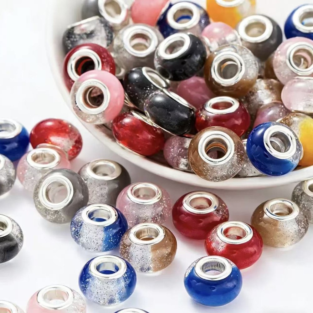 Color Two-Tone Glitter Resin Large Hole Beads Set, DIY Bracelet Loose Beads Jewelry Making Accessories Wholesale