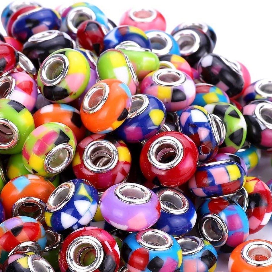 Mosaic Floral Resin Large Hole Beads, Solid Color Loose Beads for Pandora Style Bracelet DIY Jewelry Accessories