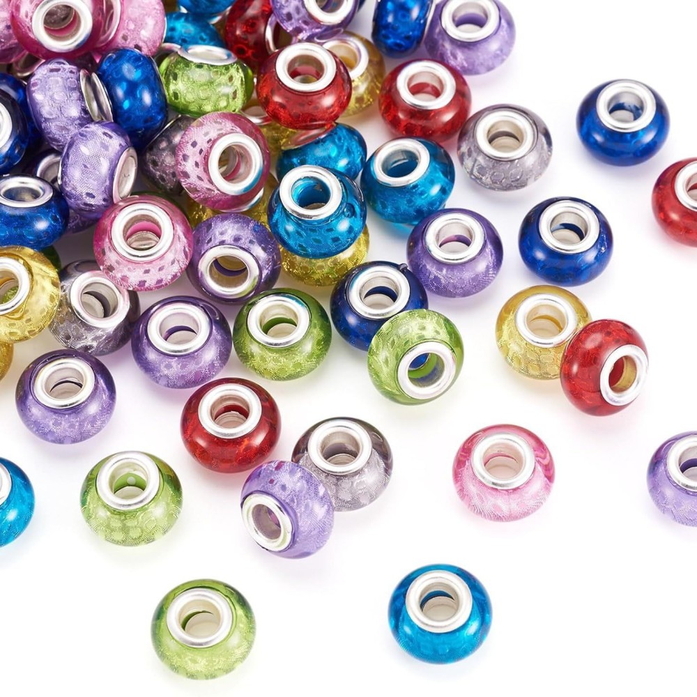 European Style Large Hole Glitter Round & Wheel Shaped Resin Beads, Colorful Flat Beads for DIY Bracelet Jewelry Accessories