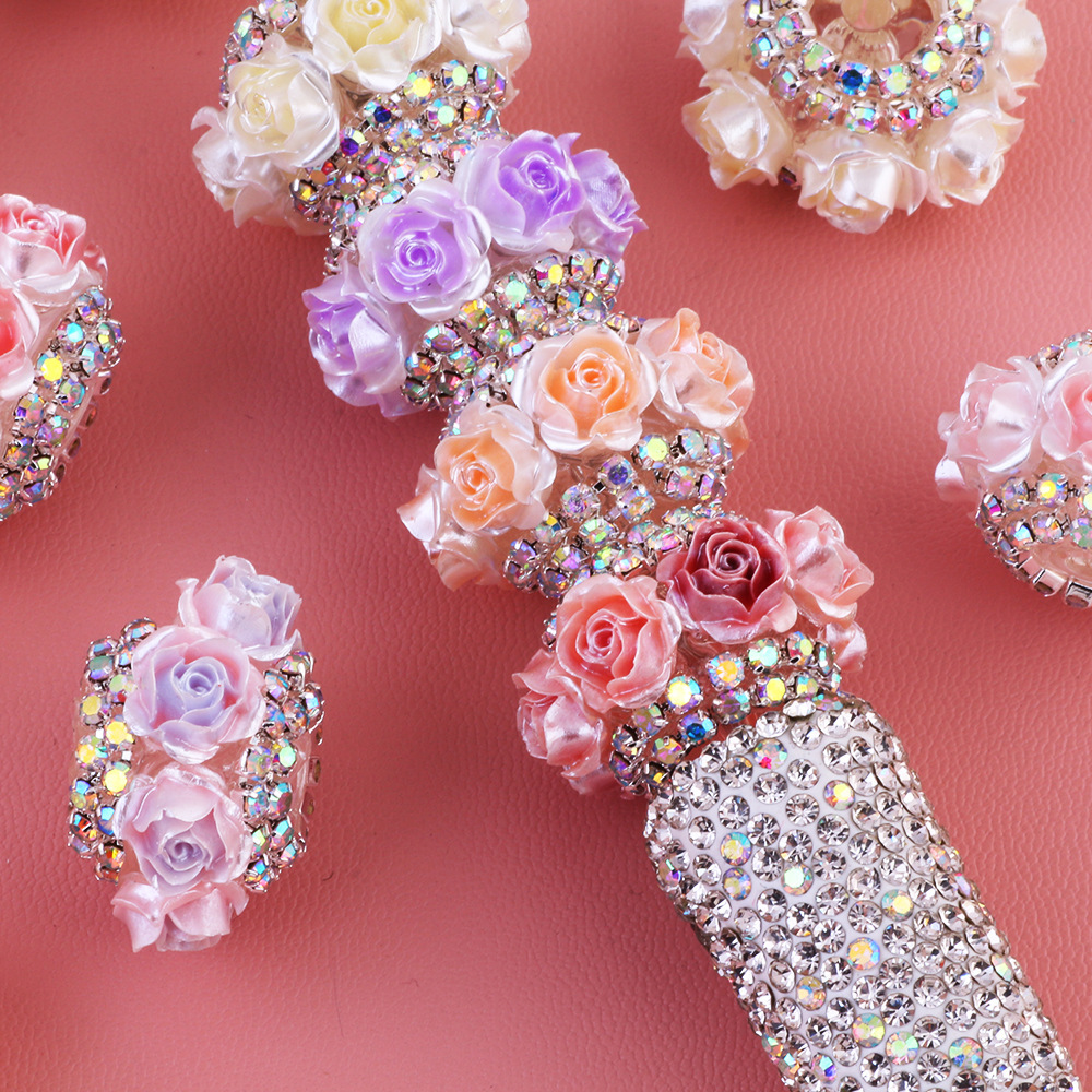 Artificial Rose Rhinestone Chain Beads, Flower Ball Straight Hole Beads for DIY Phone Chain Keychain Bag Charm Accessories