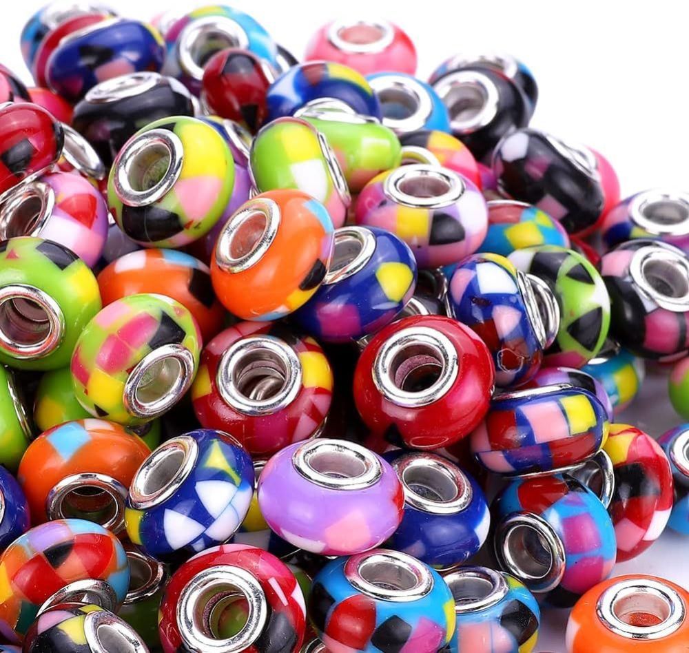 Mosaic Floral Resin Large Hole Beads, Solid Color Loose Beads for Pandora Style Bracelet DIY Jewelry Accessories