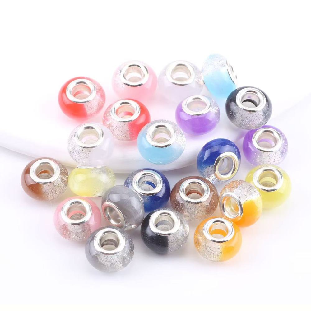 Color Two-Tone Glitter Resin Large Hole Beads Set, DIY Bracelet Loose Beads Jewelry Making Accessories Wholesale