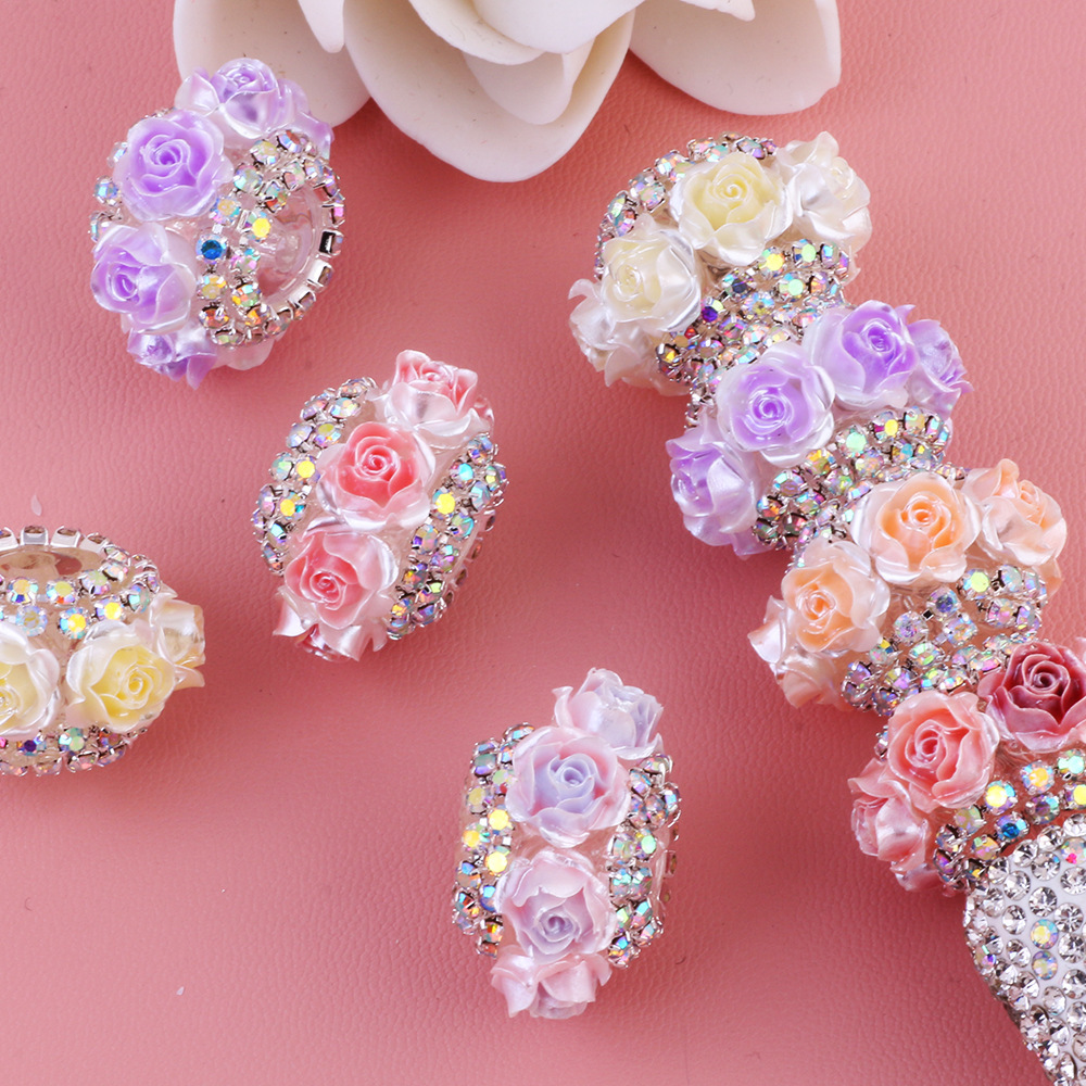 Artificial Rose Rhinestone Chain Beads, Flower Ball Straight Hole Beads for DIY Phone Chain Keychain Bag Charm Accessories