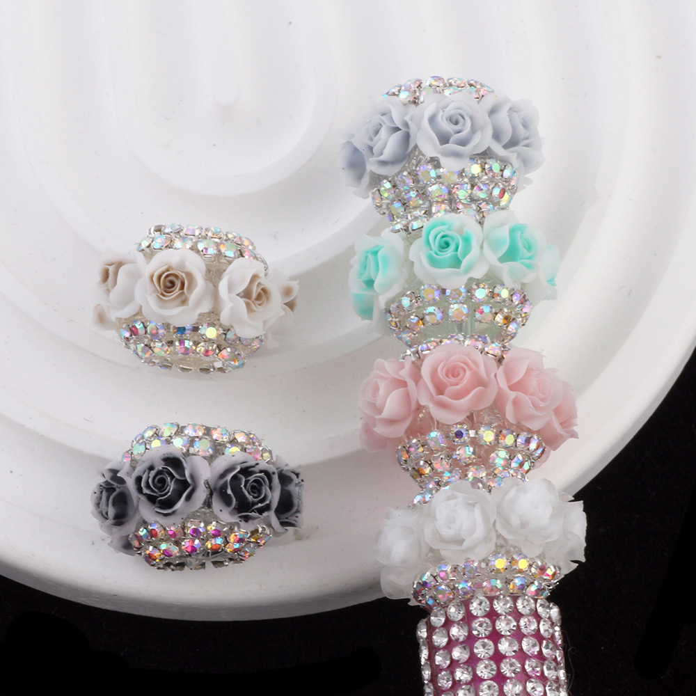 Rhinestone Inlaid Rose Bead Caps & Chain Beads, Through Hole Beads for DIY Pen, Phone Chain, Keychain & Bag Accessories