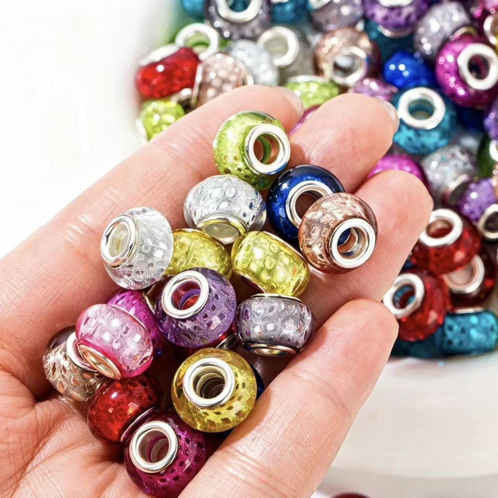 European Style Large Hole Glitter Round & Wheel Shaped Resin Beads, Colorful Flat Beads for DIY Bracelet Jewelry Accessories