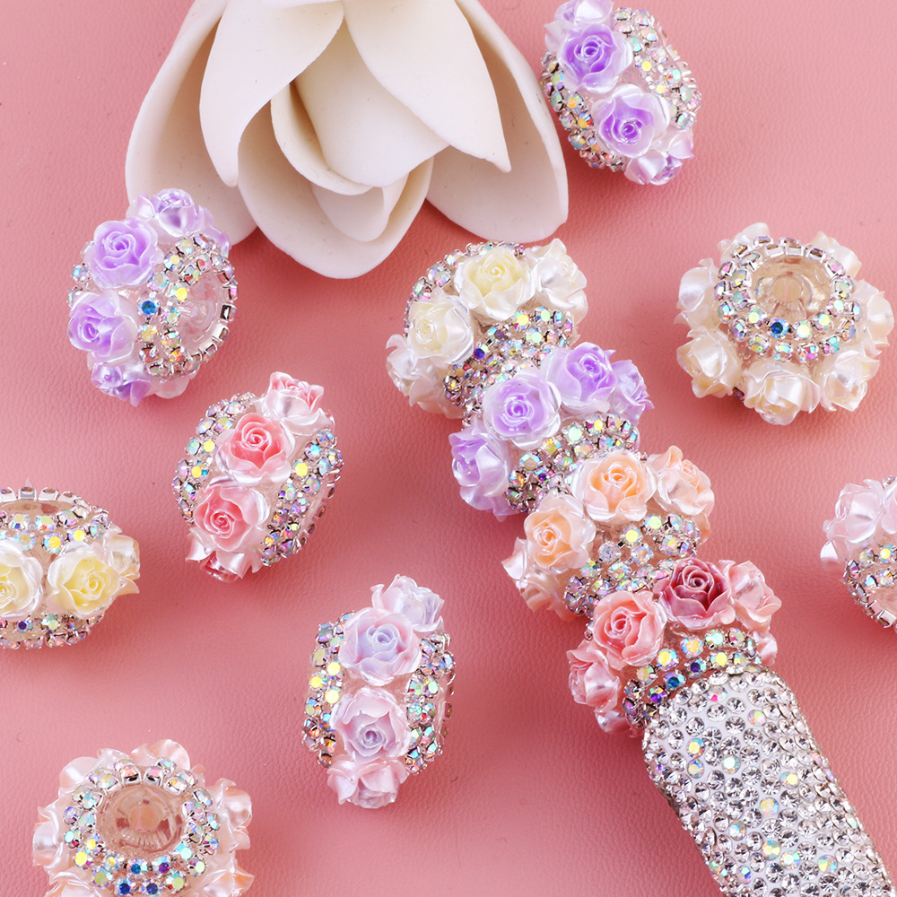 Artificial Rose Rhinestone Chain Beads, Flower Ball Straight Hole Beads for DIY Phone Chain Keychain Bag Charm Accessories