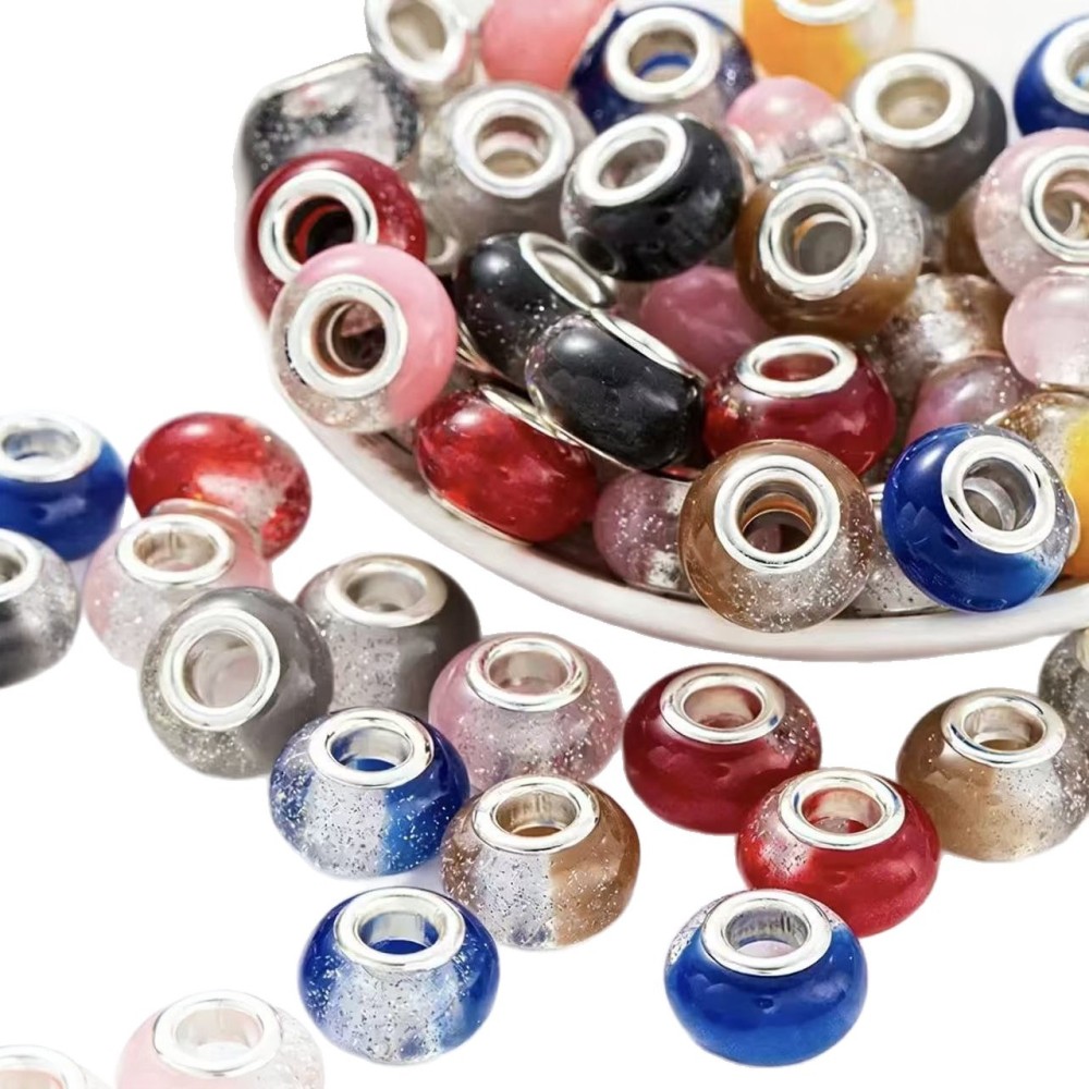 Color Two-Tone Glitter Resin Large Hole Beads Set, DIY Bracelet Loose Beads Jewelry Making Accessories Wholesale