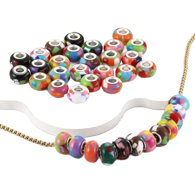 Mosaic Floral Resin Large Hole Beads, Solid Color Loose Beads for Pandora Style Bracelet DIY Jewelry Accessories