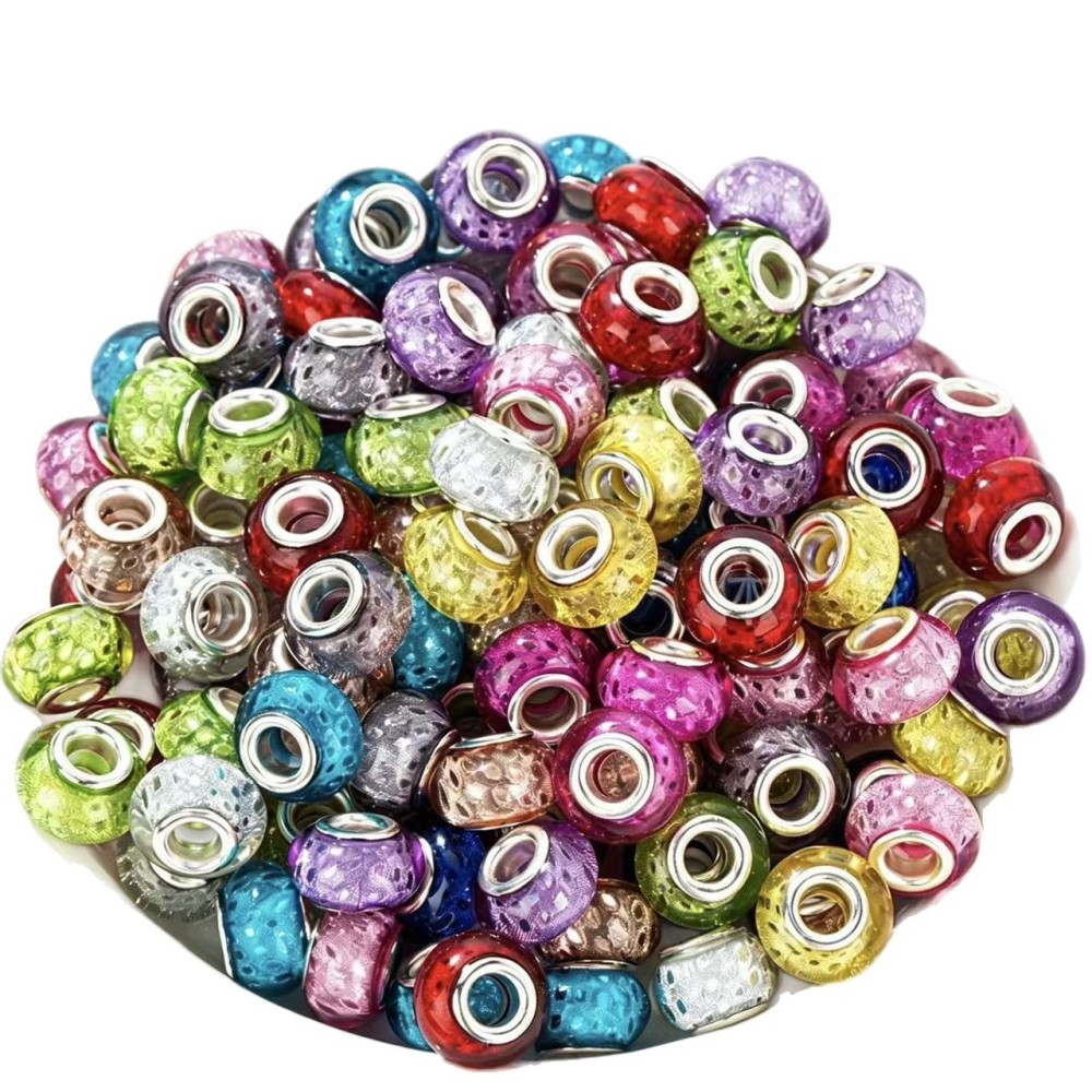 European Style Large Hole Glitter Round & Wheel Shaped Resin Beads, Colorful Flat Beads for DIY Bracelet Jewelry Accessories