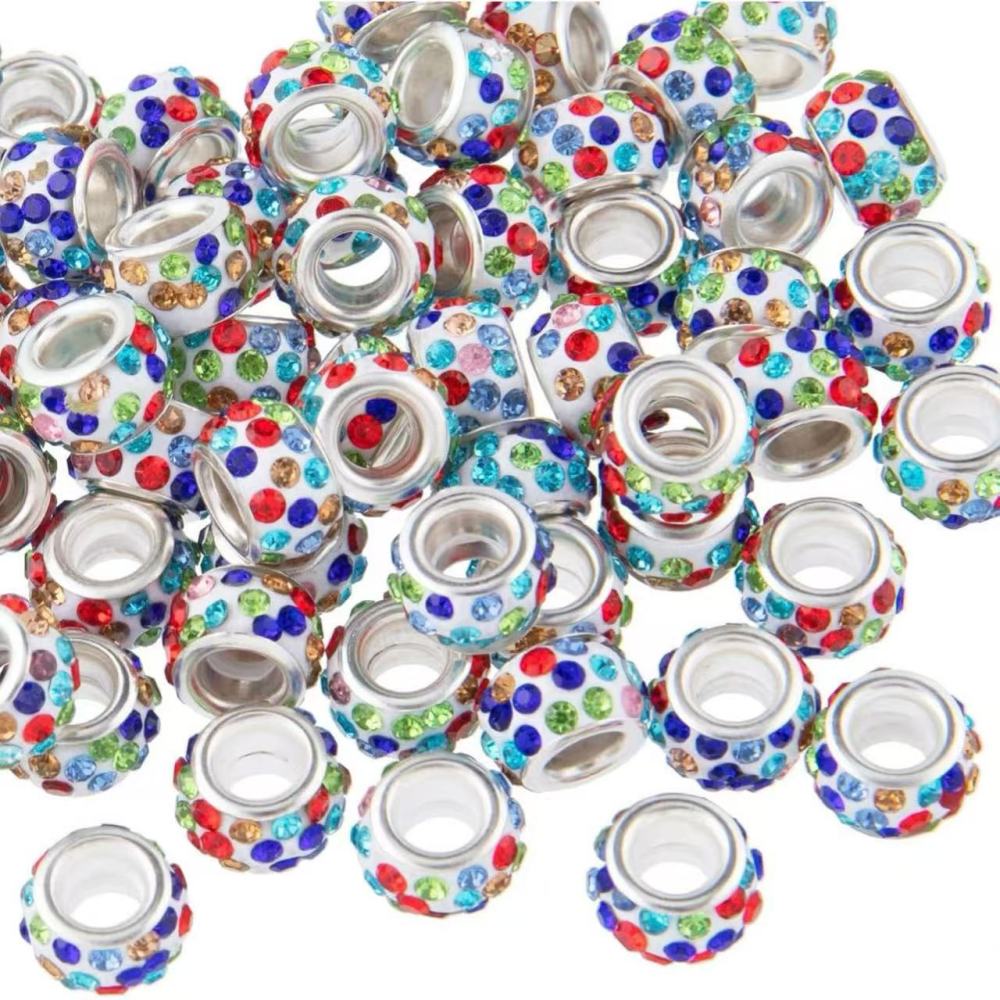 High Quality Three-Row Rivet Rhinestone Soft Clay Large Hole Beads, Colorful Flat Spacer Beads for DIY Jewelry Making Accessories Wholesale